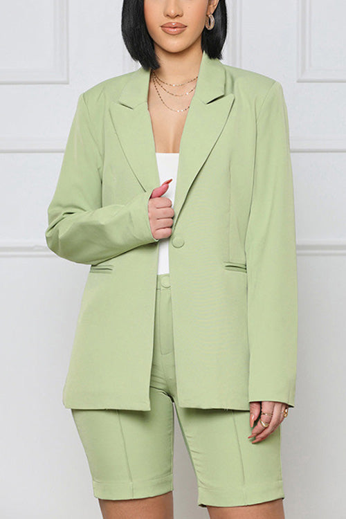 Rowangirl Fashion Chic Solid Long Sleeve Pockets Coat+Slim Shorts Two-piece