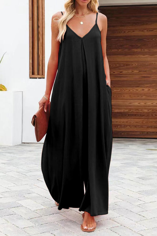Rowangirl Fashion Casual Solid Loose V Neck Sling Wide Leg Jumpsuit