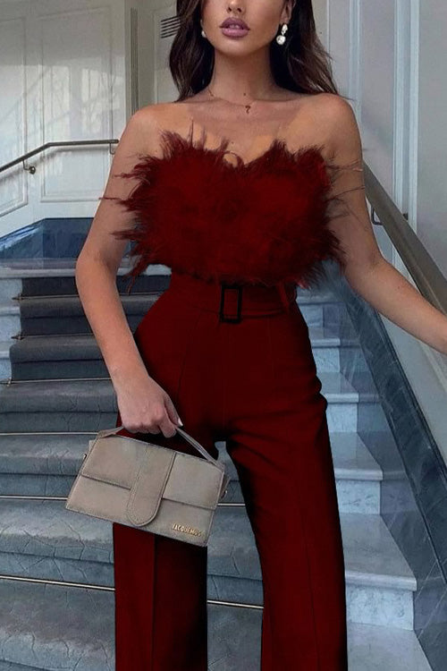 Rowangirl Fashion Feather Sexy Off Shoulder Sleeveless Slim Jumpsuit