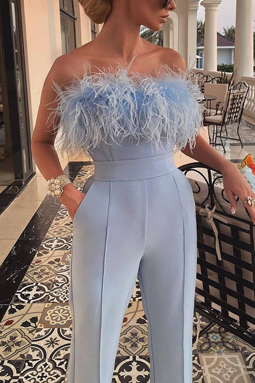 Rowangirl Chic Solid Feather Boat Neck Backless Slim Jumpsuit
