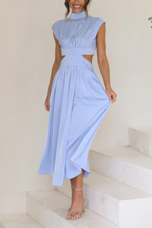 Rowangirl Chic Solid Stand Collar Sleeveless Slim Long Dress