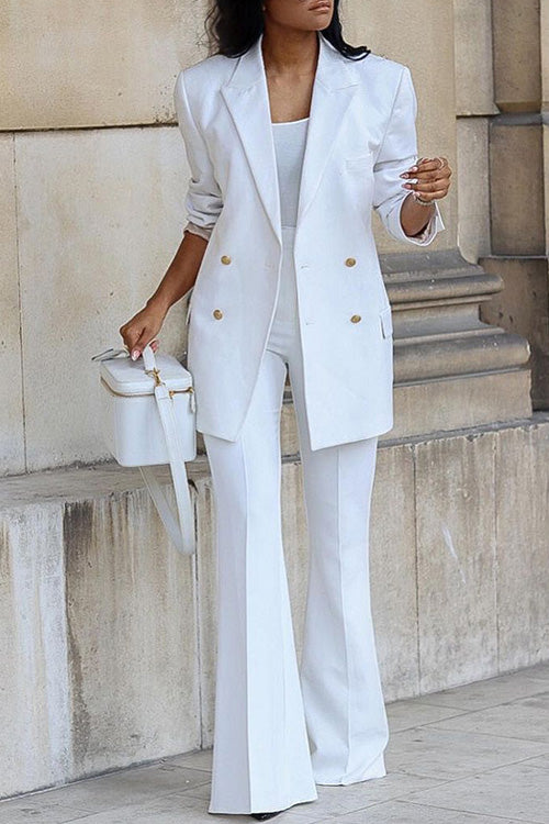 Rowangirl Fashion Solid Long Sleeve Buttons Wide Leg Pants Suit Suit