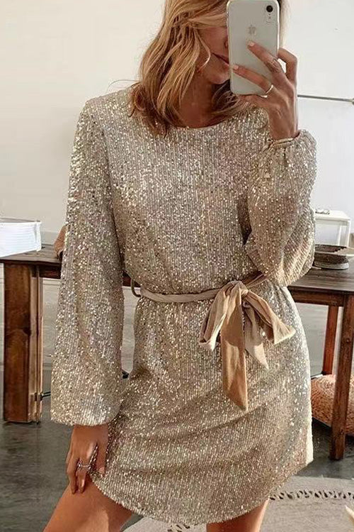 Rowangirl Fashion Sequins O Neck Lantern Sleeve Lace Up Loose Dress