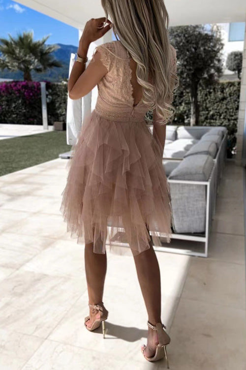 Rowangirl Chic Solid Lace V Neck Sleeveless Lace Up Dress