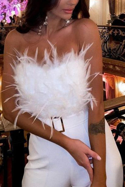 Rowangirl Fashion Feather Sexy Off Shoulder Sleeveless Slim Jumpsuit
