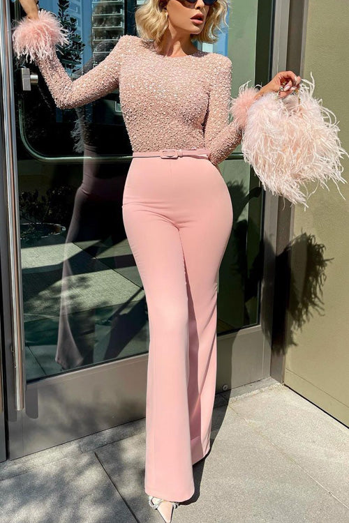 Rowangirl Chic Feather O Neck Long Sleeve Panel Wide Leg Jumpsuit