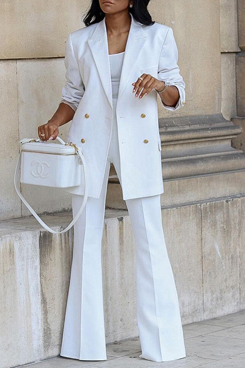 Rowangirl Fashion Solid Long Sleeve Buttons Wide Leg Pants Suit Suit