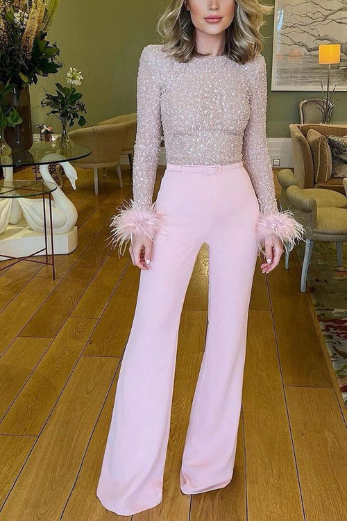 Rowangirl Chic Feather O Neck Long Sleeve Panel Wide Leg Jumpsuit