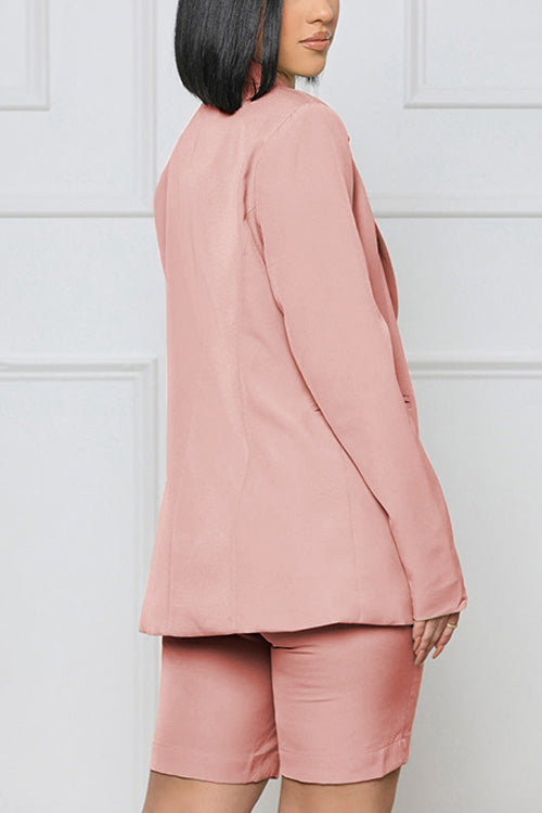 Rowangirl Fashion Chic Solid Long Sleeve Pockets Coat+Slim Shorts Two-piece