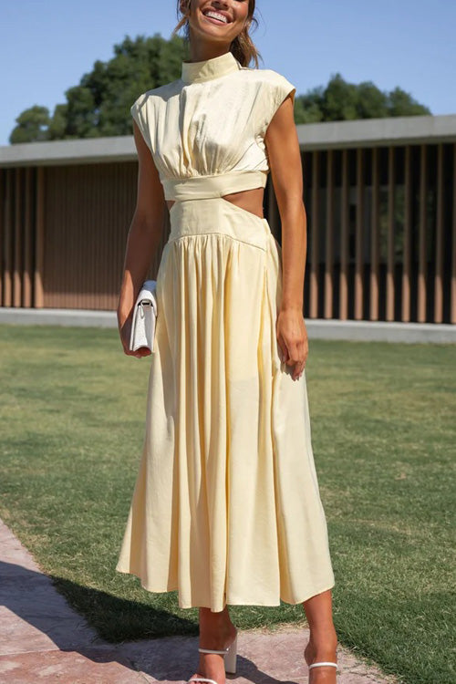 Rowangirl Chic Solid Stand Collar Sleeveless Slim Long Dress