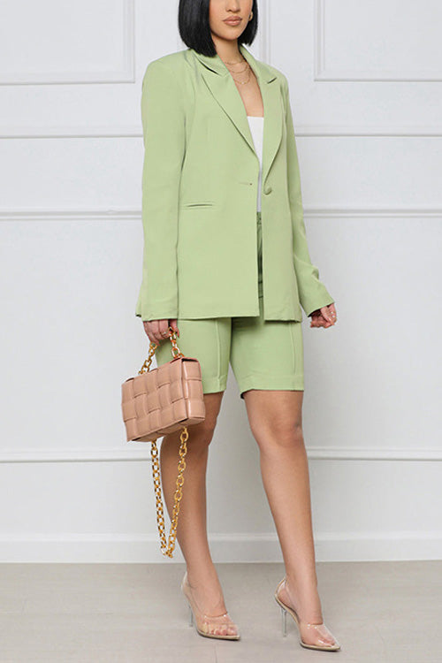 Rowangirl Fashion Chic Solid Long Sleeve Pockets Coat+Slim Shorts Two-piece
