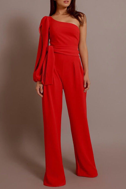 Rowangirl Chic Fashion Solid One Shoulder Lace Up Jumpsuit