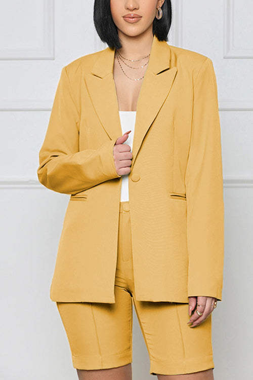 Rowangirl Fashion Chic Solid Long Sleeve Pockets Coat+Slim Shorts Two-piece