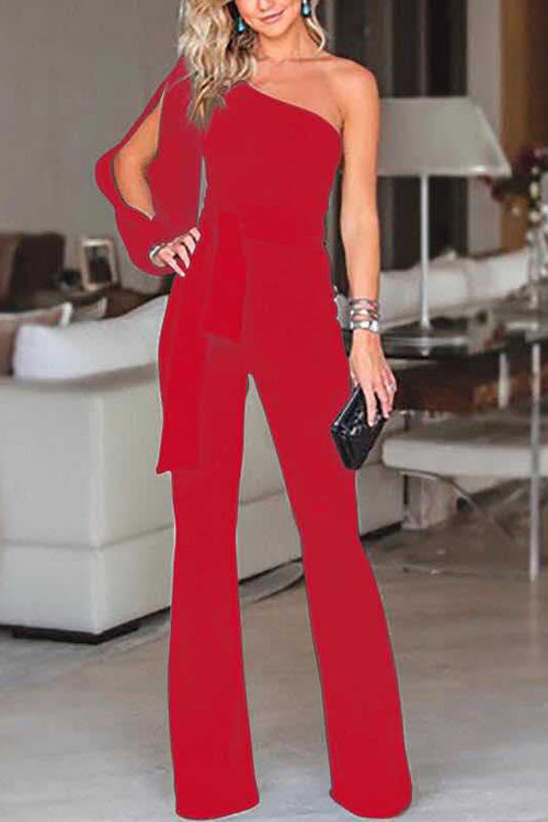 Rowangirl Chic Fashion Solid One Shoulder Lace Up Jumpsuit