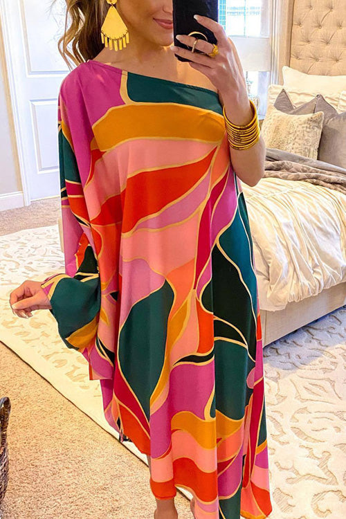 Rowangirl Chic Printed Irregular Oblique Shoulder Loose Dress