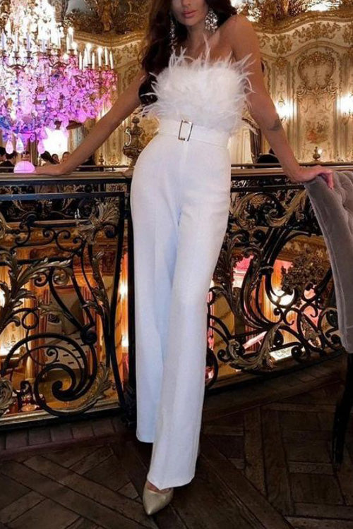 Rowangirl Fashion Feather Sexy Off Shoulder Sleeveless Slim Jumpsuit