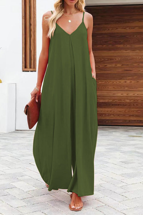 Rowangirl Fashion Casual Solid Loose V Neck Sling Wide Leg Jumpsuit