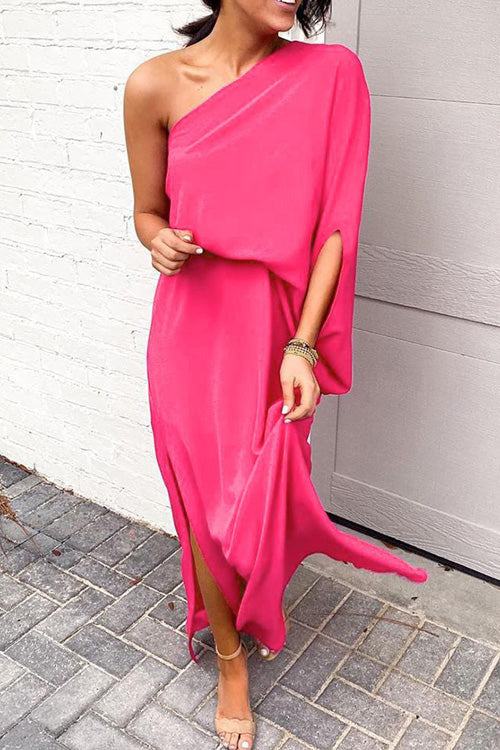 Rowangirl Chic Solid Oblique Shoulder Split Slim Dress