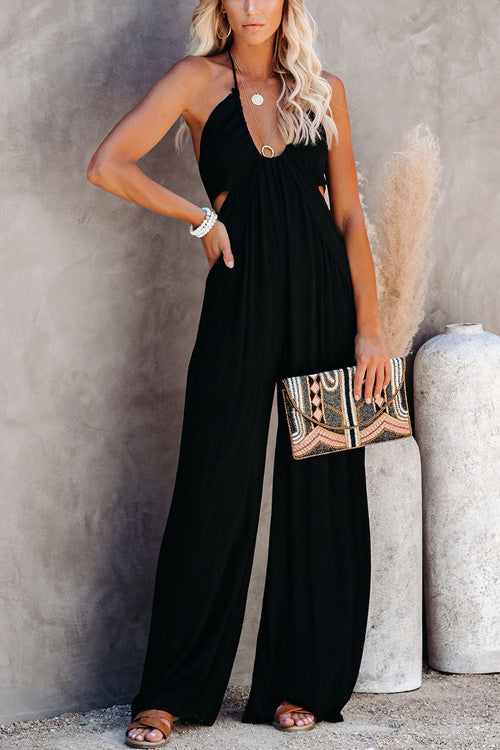 Rowangirl Chic Solid Sling U Neck Backless Slim Jumpsuit