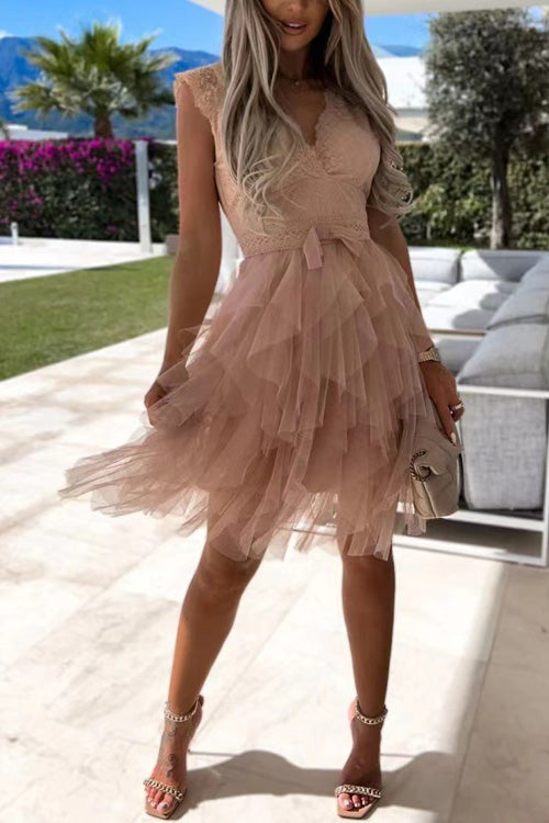 Rowangirl Chic Solid Lace V Neck Sleeveless Lace Up Dress