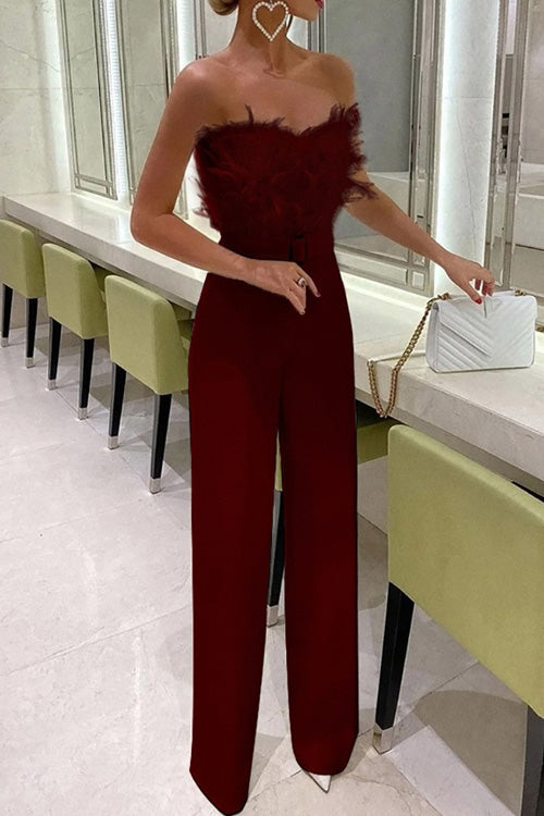Rowangirl Fashion Feather Sexy Off Shoulder Sleeveless Slim Jumpsuit