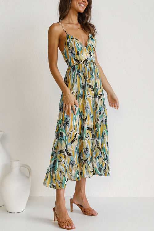 Rowangirl Chic Printed Sling V Neck Sleeveless Long Dress