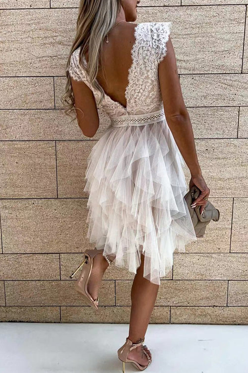 Rowangirl Chic Solid Lace V Neck Sleeveless Lace Up Dress