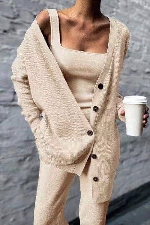 Rowangirl Fashion Chic Solid Sling Vest Long Sleeve Buttons Coat+Slim Pants Three-piece suits