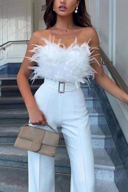 Rowangirl Fashion Feather Sexy Off Shoulder Sleeveless Slim Jumpsuit