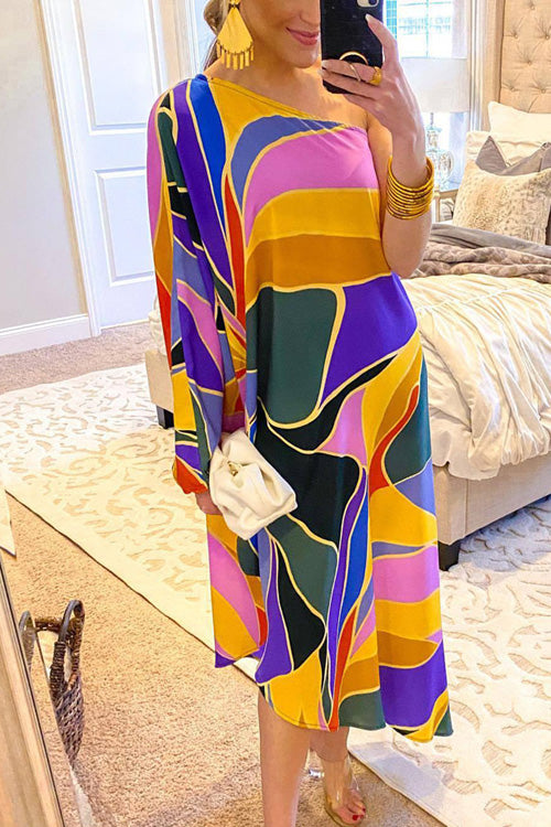 Rowangirl Chic Printed Irregular Oblique Shoulder Loose Dress