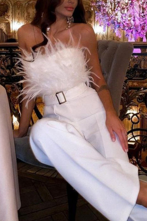 Rowangirl Fashion Feather Sexy Off Shoulder Sleeveless Slim Jumpsuit