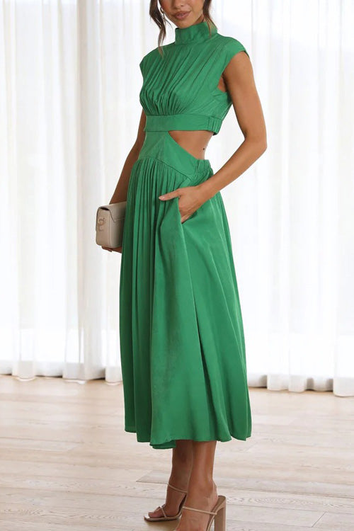 Rowangirl Chic Solid Stand Collar Sleeveless Slim Long Dress