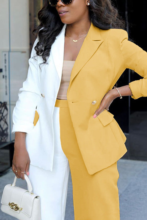 Rowangirl Fashion Color Block Lapel Long Sleeve Pockets Slim Suit Suits