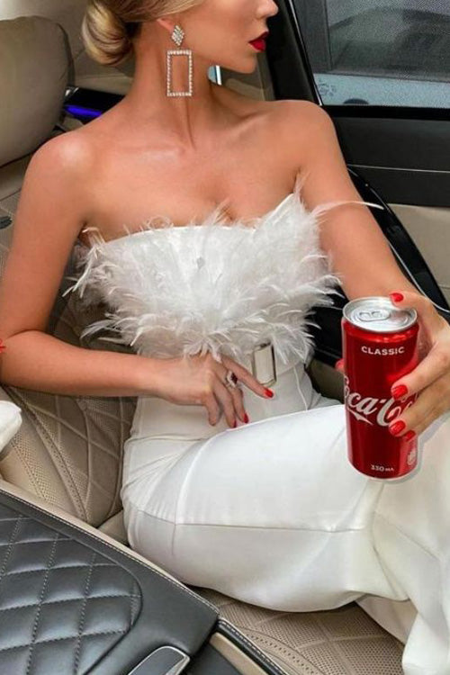 Rowangirl Fashion Feather Sexy Off Shoulder Sleeveless Slim Jumpsuit