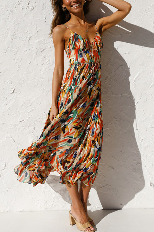 Rowangirl Chic Printed Sling V Neck Sleeveless Long Dress