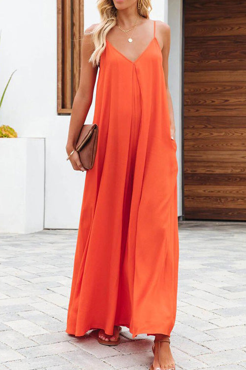 Rowangirl Fashion Casual Solid Loose V Neck Sling Wide Leg Jumpsuit