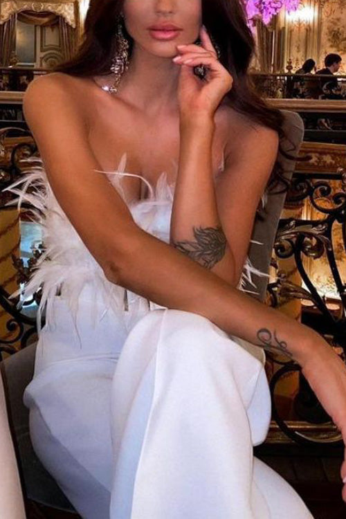 Rowangirl Fashion Feather Sexy Off Shoulder Sleeveless Slim Jumpsuit