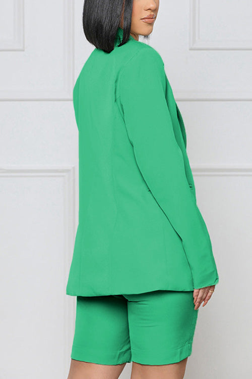 Rowangirl Fashion Chic Solid Long Sleeve Pockets Coat+Slim Shorts Two-piece