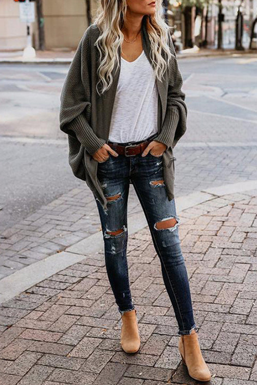 Rowangirl Autumn Winter Fashion Chic Loose Solid Bat Sleeve Cardigan