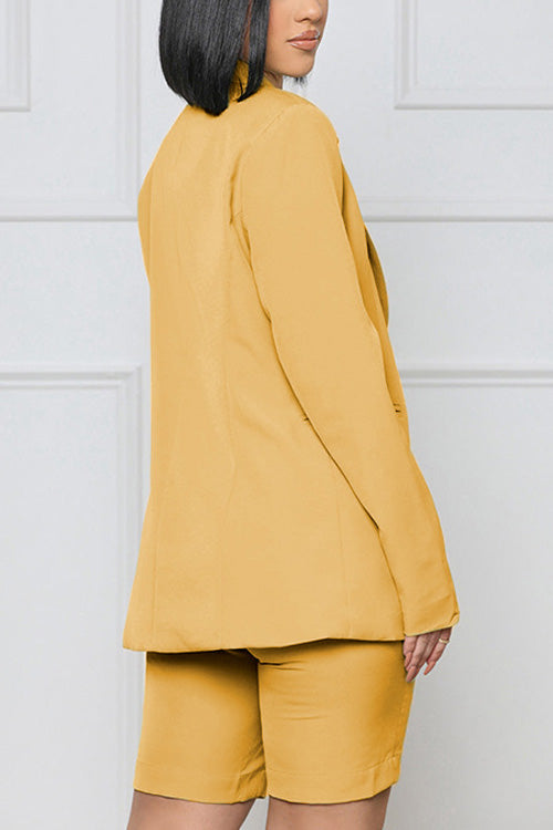 Rowangirl Fashion Chic Solid Long Sleeve Pockets Coat+Slim Shorts Two-piece