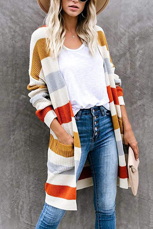 Rowangirl Fashion Casual Loose Contrast Stripe Long Sleeve Cardigan