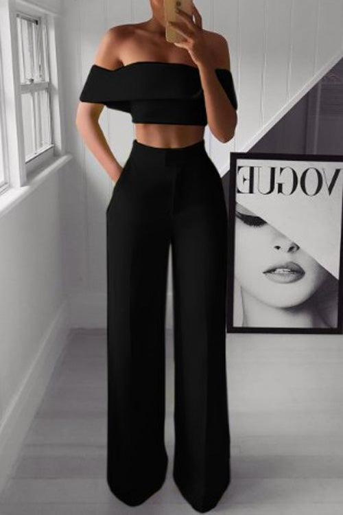 Rowangirl Chic Solid Boat Neck Off Shoulder Top+Loose Pants Two-piece