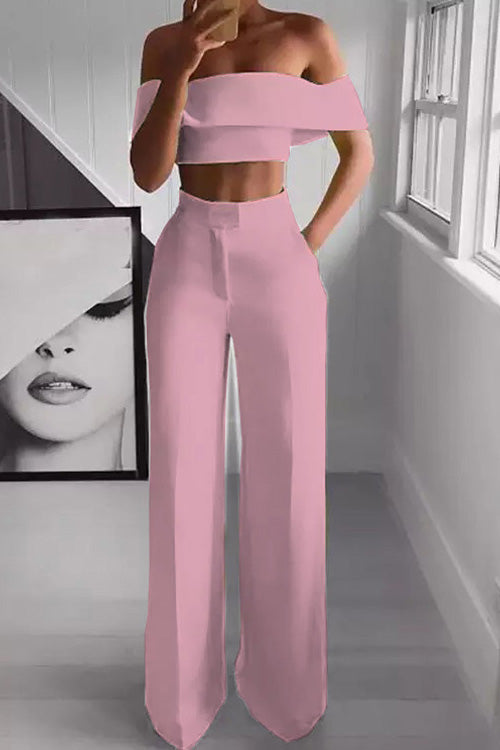 Rowangirl Chic Solid Boat Neck Off Shoulder Top+Loose Pants Two-piece