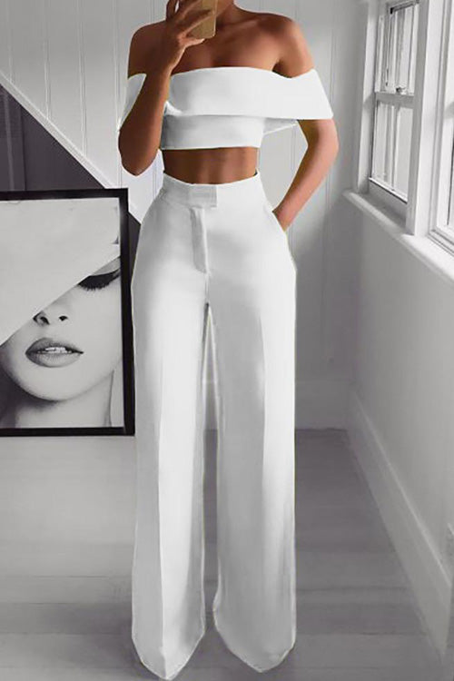 Rowangirl Chic Solid Boat Neck Off Shoulder Top+Loose Pants Two-piece
