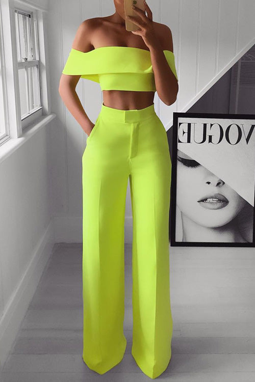 Rowangirl Chic Solid Boat Neck Off Shoulder Top+Loose Pants Two-piece