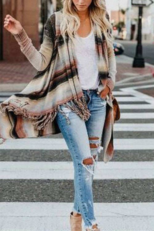 Rowangirl Fashion Tassel Gradient Stripe Slim Cardigan