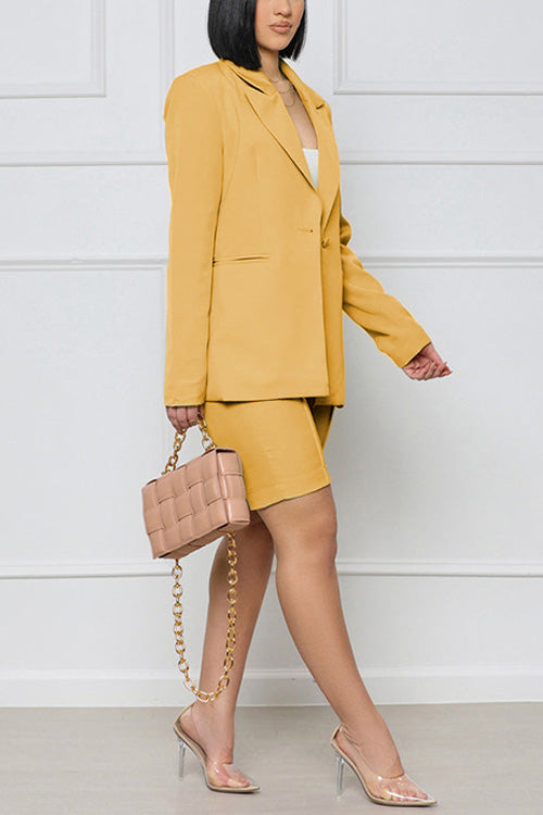 Rowangirl Fashion Chic Solid Long Sleeve Pockets Coat+Slim Shorts Two-piece