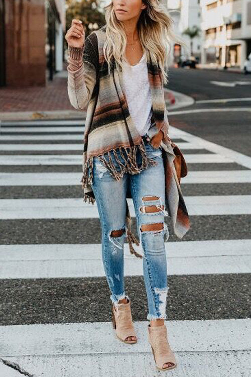 Rowangirl Fashion Tassel Gradient Stripe Slim Cardigan