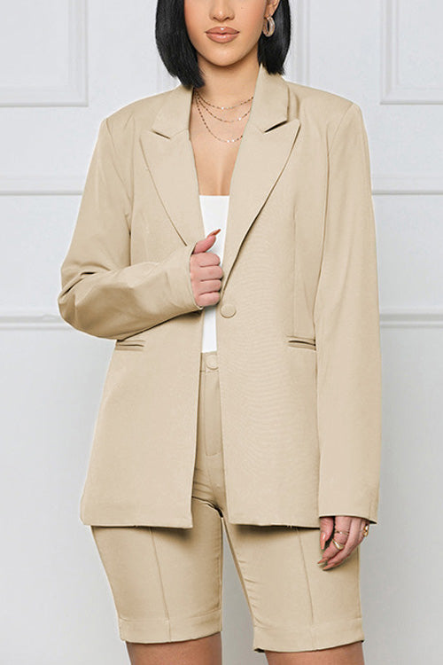 Rowangirl Fashion Chic Solid Long Sleeve Pockets Coat+Slim Shorts Two-piece