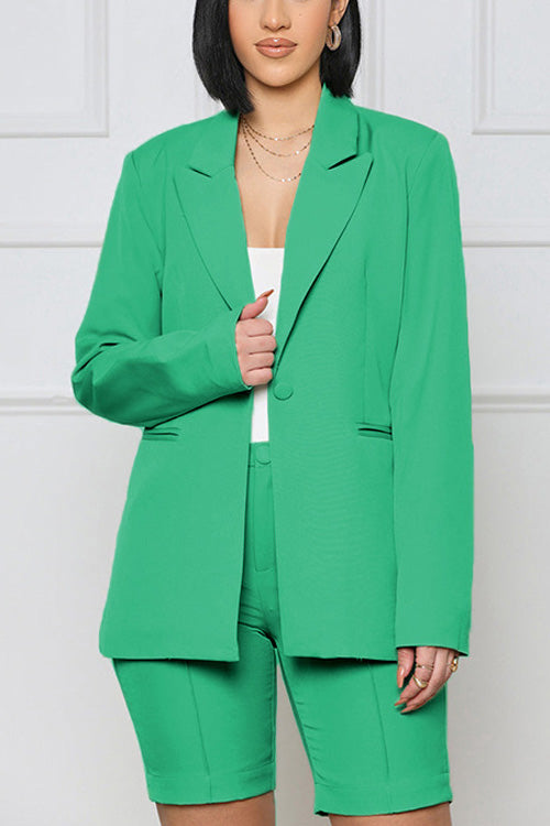 Rowangirl Fashion Chic Solid Long Sleeve Pockets Coat+Slim Shorts Two-piece